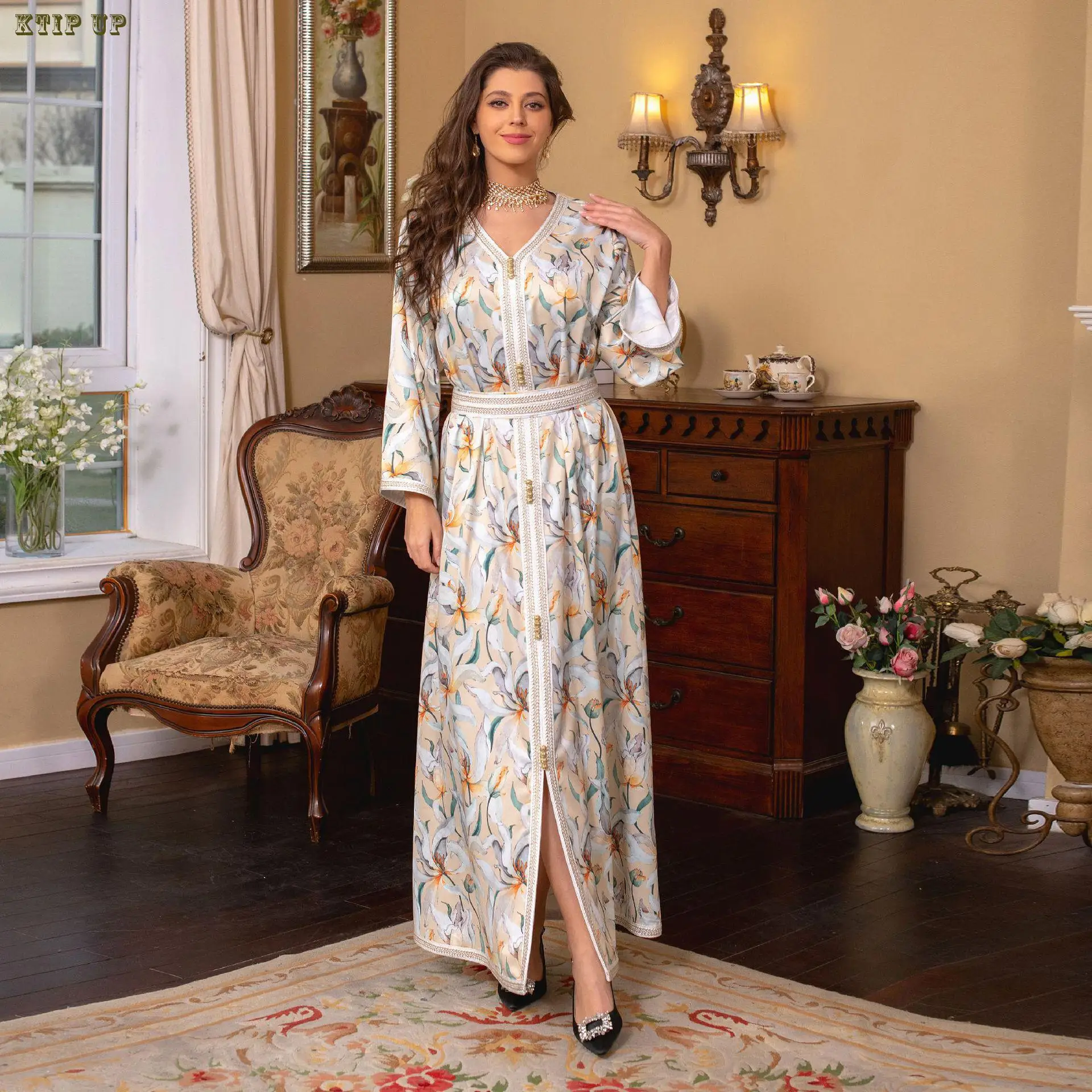 

Middle East Robe Dubai Arab Women's Abaya Muslim Fashion Long Sleeve Split Dress With Belt Abaya Femme Musulman Caftan Turkey