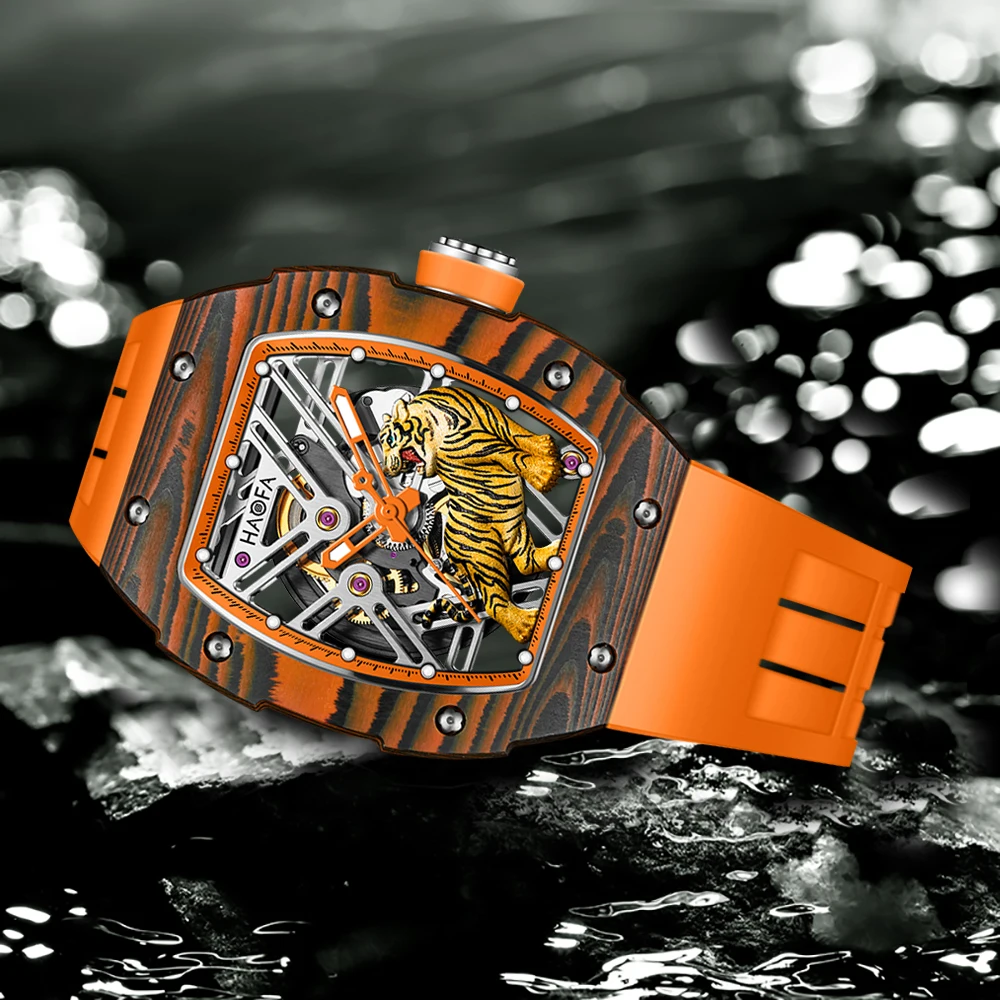 Фото Мужские автоматические механические часы Haofa Skeleton 3D Tiger из углеродного волокна с сапфировым стеклом, светящиеся, водонепроницаемые, повседневные, модные, 1973 №2