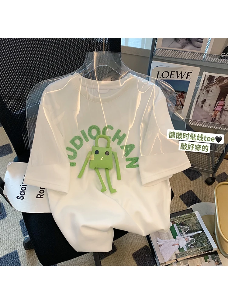 

Women's White T Shirt Y2k Graphic Print Short Sleeve O-Neck Tee Top Korean 90s Vintage Funny Harajuku Fashion T Shirts Summer