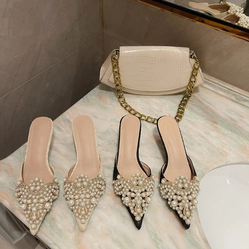 

Spring/Autumn Fashion Sexy Women Shoes Elegant String Bead Crystal Patchwork Slip-On 35-42 Thin Heels Slipper NEW 2023