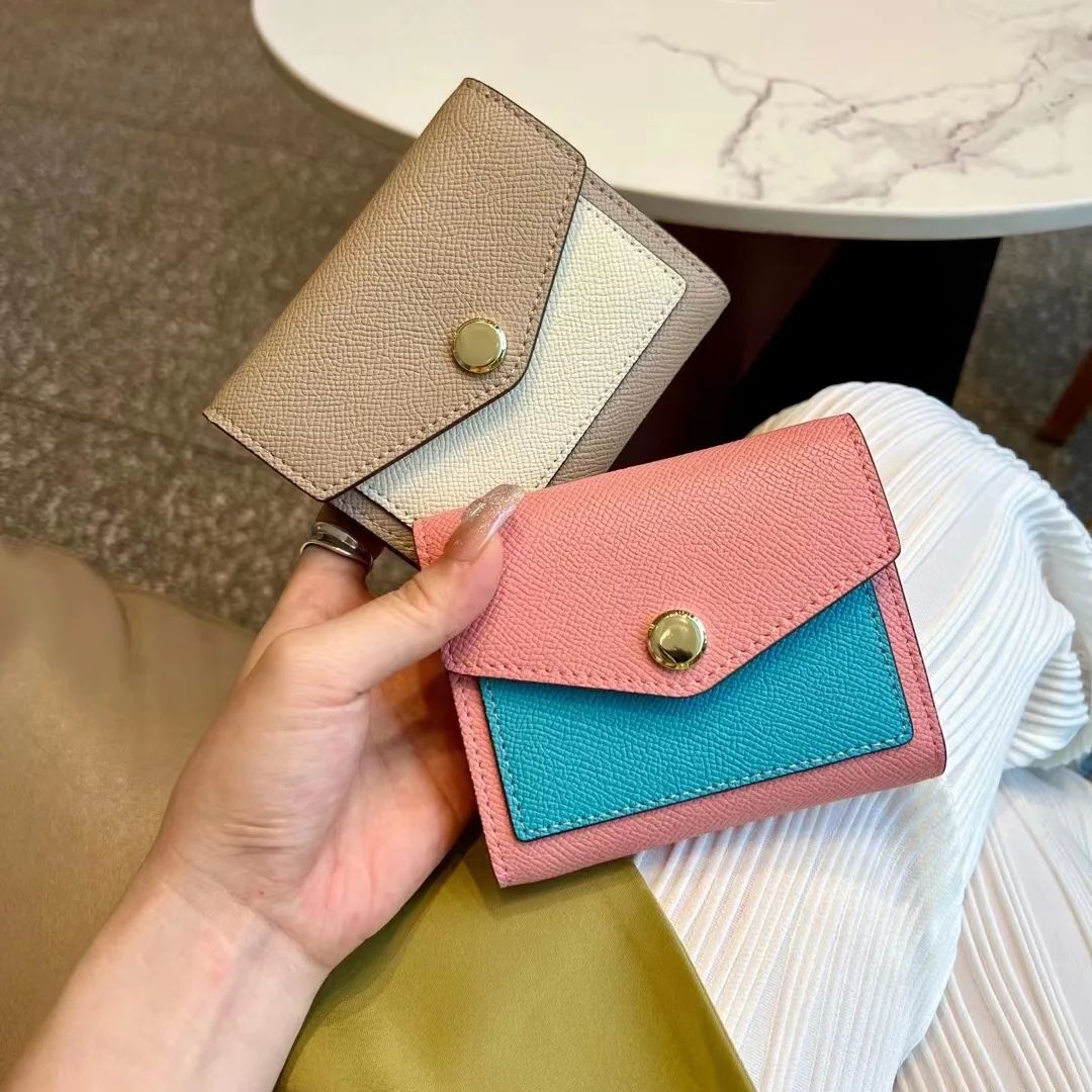 

Fashion All-match Tri-fold Wallet Stitching Contrast Color Card Bag Retro Envelope Style Palm Pattern Cowhide Small Coin Purse
