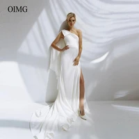 oimg simple a line stretch satin wedding dresses one shoulder side slit sweep train bride gowns 2022 women white formal dress