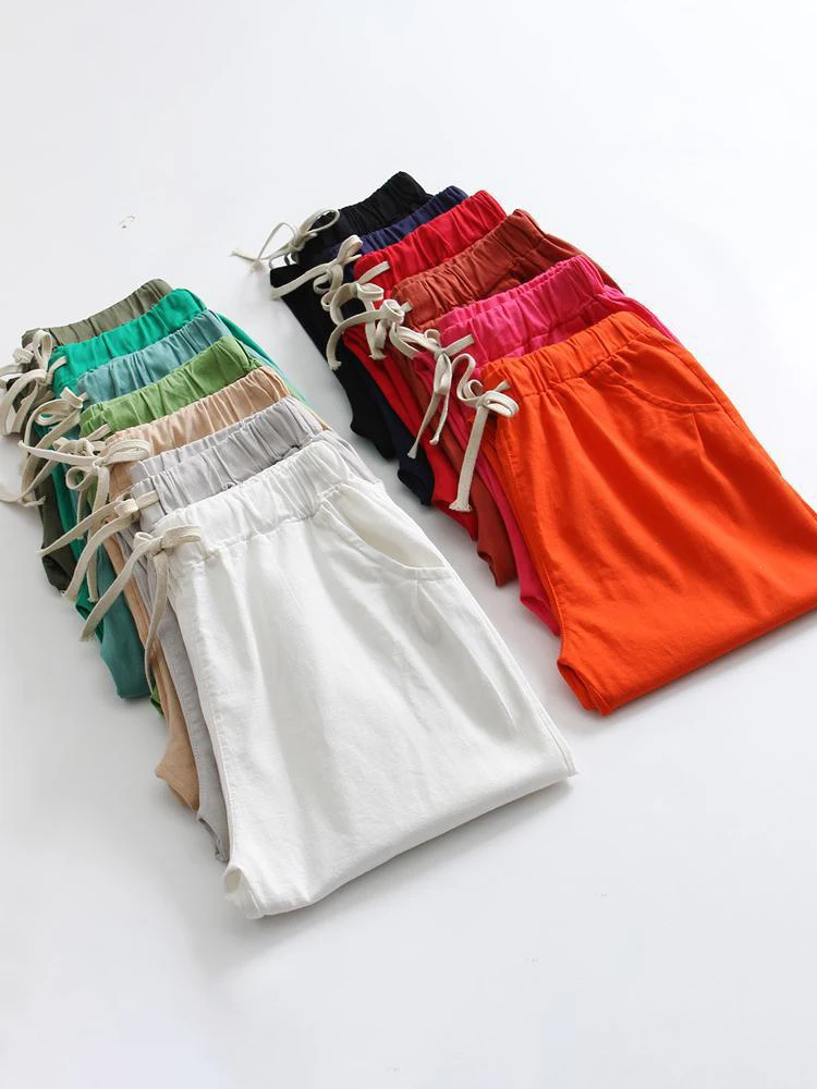 

Брюки из хлопка и льна для женщин, свободные брюки, повседневные однотонные женские шаровары, женские летние капри