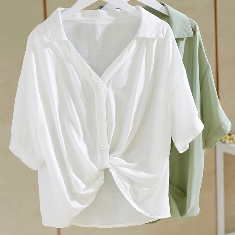 

Summer Casual Women White Blouses Elegant Buttons Short Sleeve Blouse Knot Waist Loose Cotton Lady Shirts Tops Blusas 19868