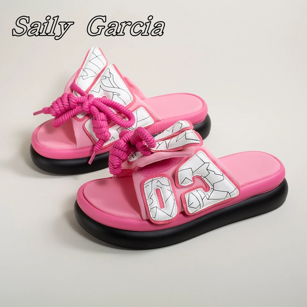 Шлепанцы женские из натуральной кожи на толстой подошве шнуровка круглый носок