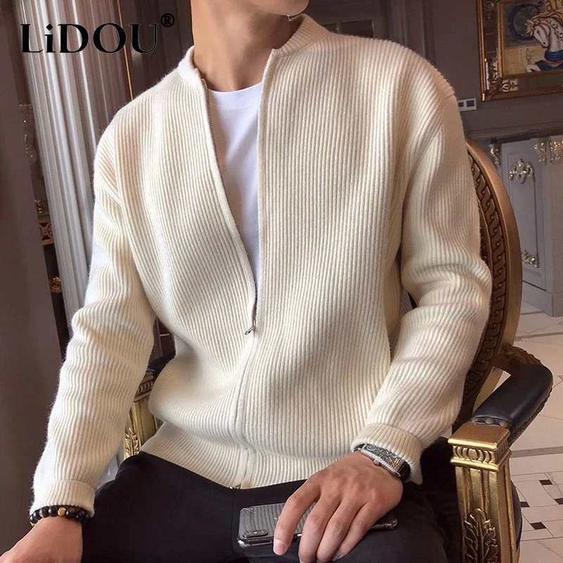 Autumn Winter Solid Color Long Sleeve Cardigan For Men Zipper Casual Sweaters Man Loose Fashion Streetwear Chic Male Clothes
