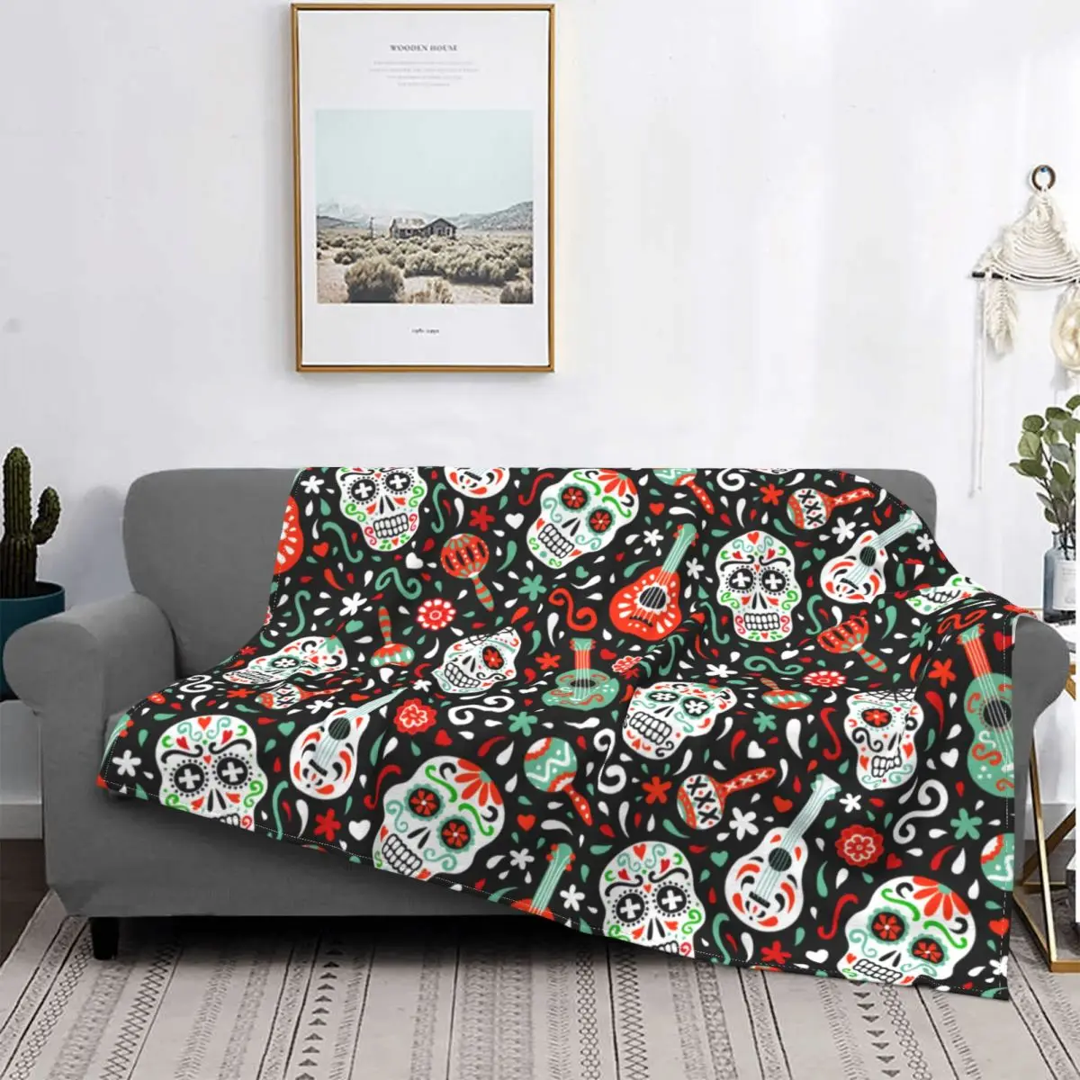 

Mexican Sugar Skull Mandala Art Blanket Soft Fleece Day of the Dead Throw Blankets for Sofa Office Bed Quilt Warm Flannel