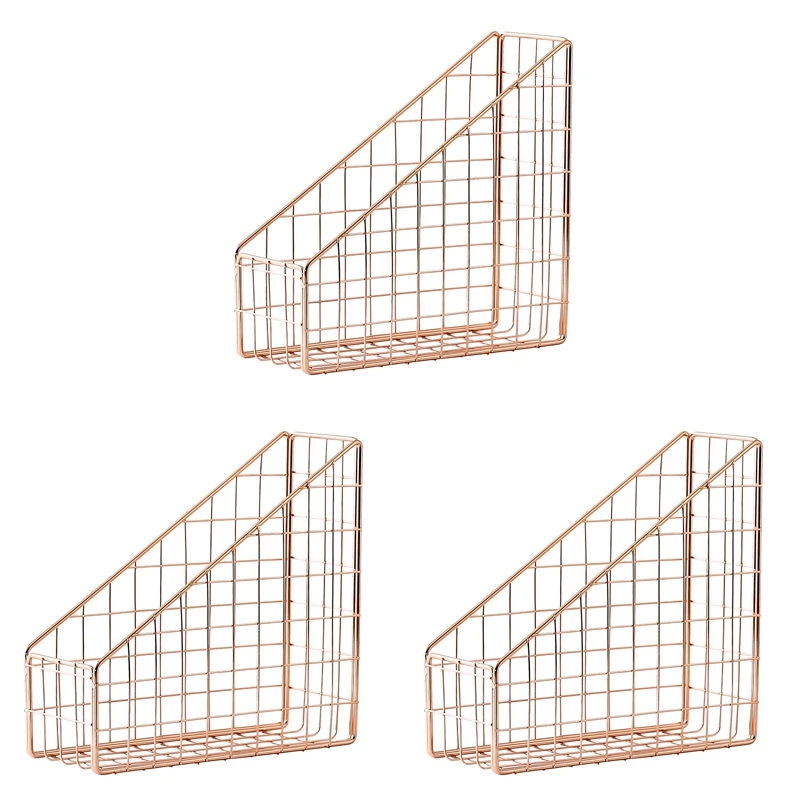 

3X Rose Gold Electroplated Iron Book Holder Desktop Shelf File Magazine Book Stand Office Home Stationery Holder