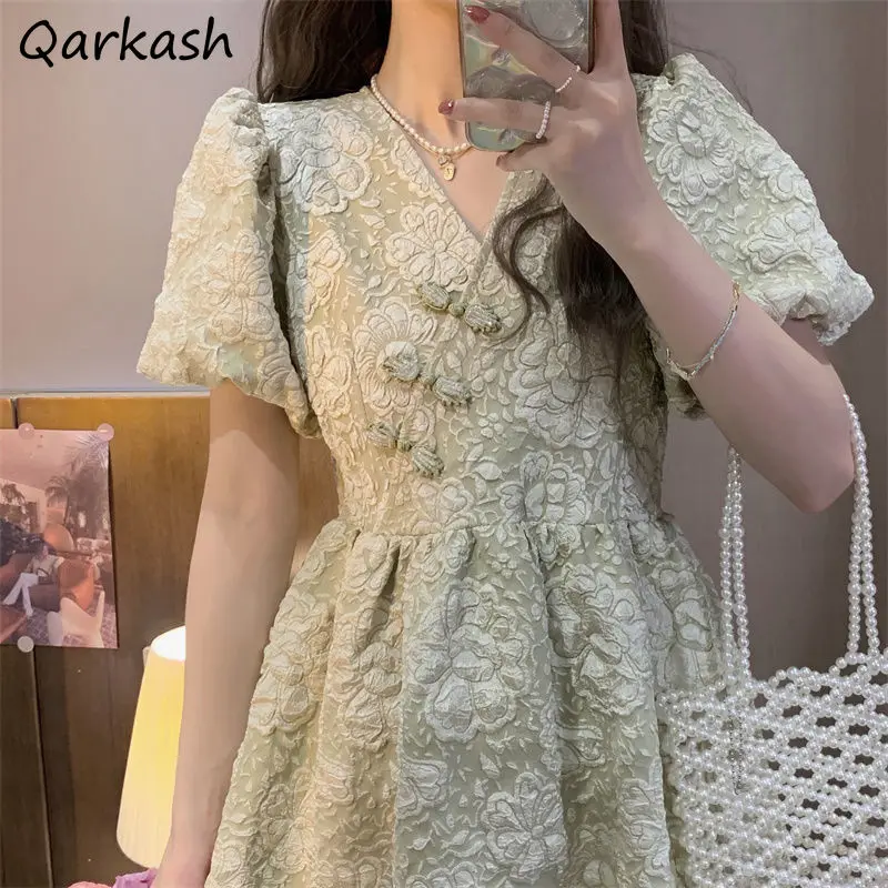 

Dresses Women V-neck A-line Solid High Waist Puff Sleeve Retro Sweet Elegant Design Kawaii All-match Korean Style Sundress Young