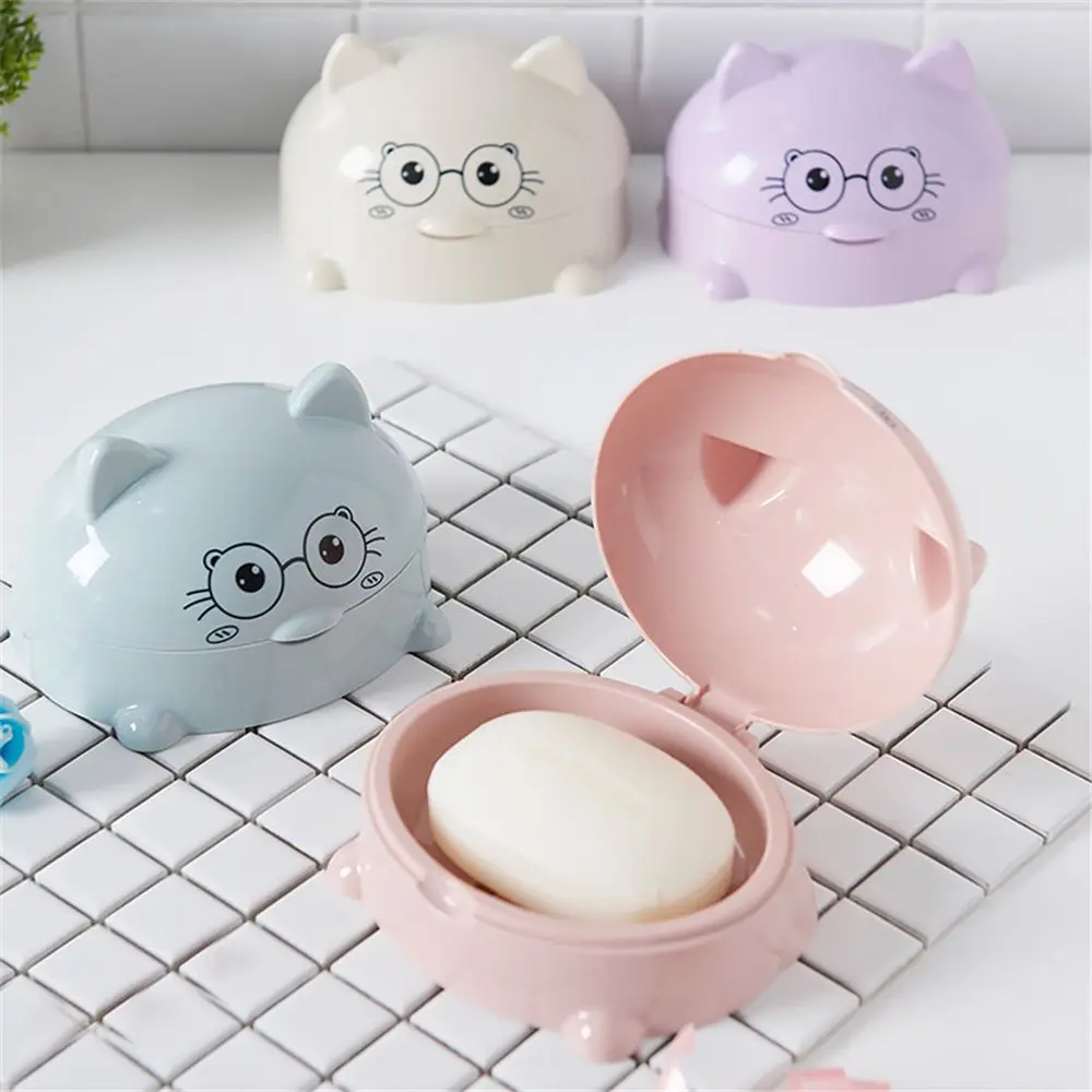 

1PC Plastic Cartoon Cat Soap Dish with Cover Soap Box Holder Case Cute Bathroom Storage Cleaning Bathroom Suppy Accessories