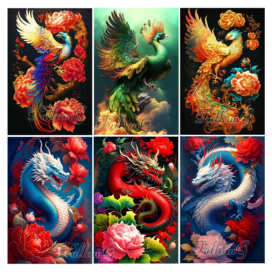 

FULLCANG Diamond Painting New Arrival Dragon and Phoenix Flower Diy Full Mosaic Embroidery Animal Peony Living Room Decor FG1738