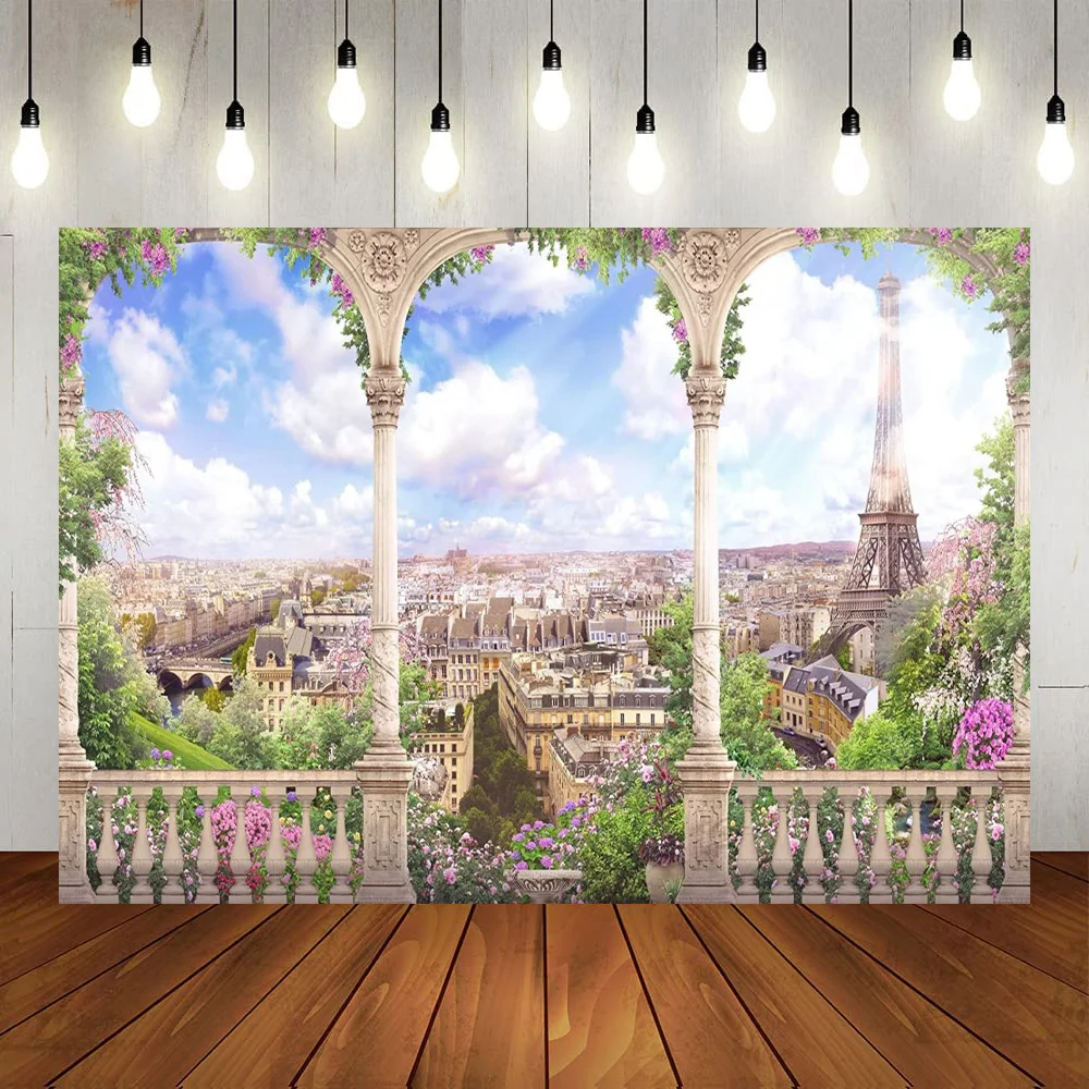 

Эйфелева башня в Париже, весенний сад, винтажный балкон, арка, цветы, деревья, городской фон, обои, реквизит для свадебного дня рождения
