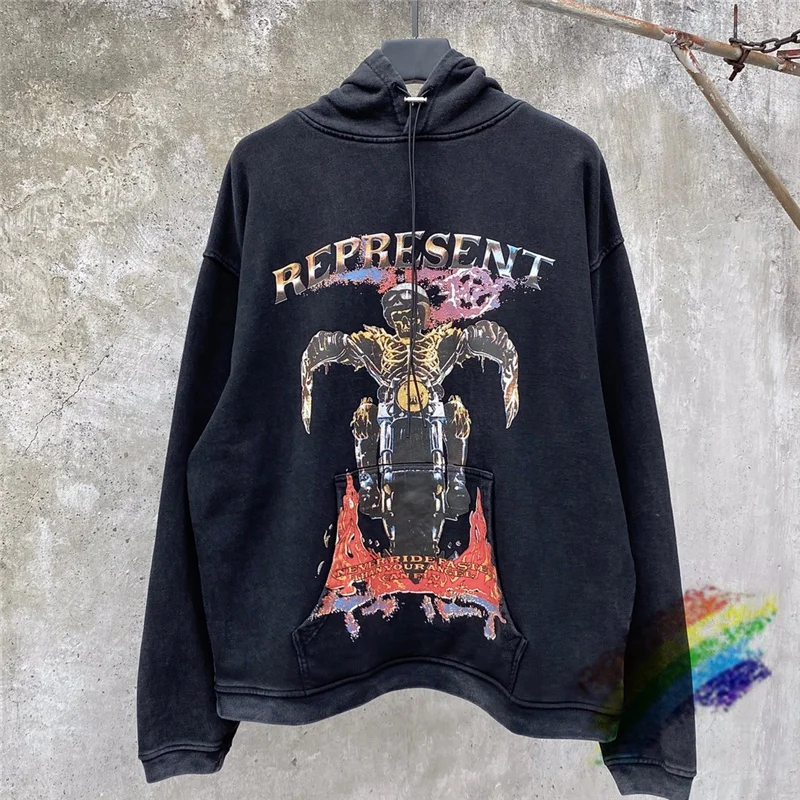 

2021fw Represent Hoodie MEN Women 1:1 High Quality Vintage Washed Represent Hoodies Skeleton Motorcycle Printing Pullovers