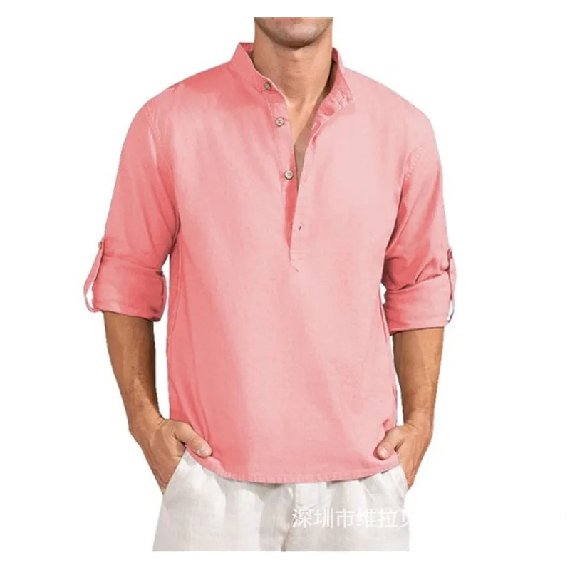 2022 button Men's Summer Linen Cardigan Tops Solid Color Casual Stand Collar Long Sleeve Shirts Plus Size
