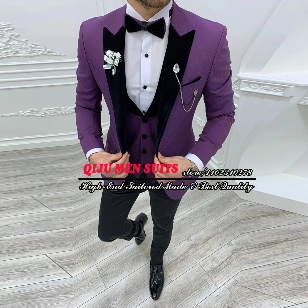 

Man Fashion Suits Slim Fit Groom Men Wedding Tuxedos Tailored Made Black Peaked Laple Jacket+Vest+Pants 3 Pieces Formal Blazers