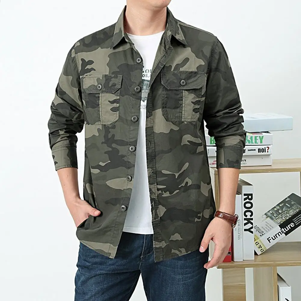 

Outdoor Men Spring Autumn Shirt Coat Camouflage Print Long Sleeves Loose Single-breasted Turn-down Collar Warm Cardigan Jacket