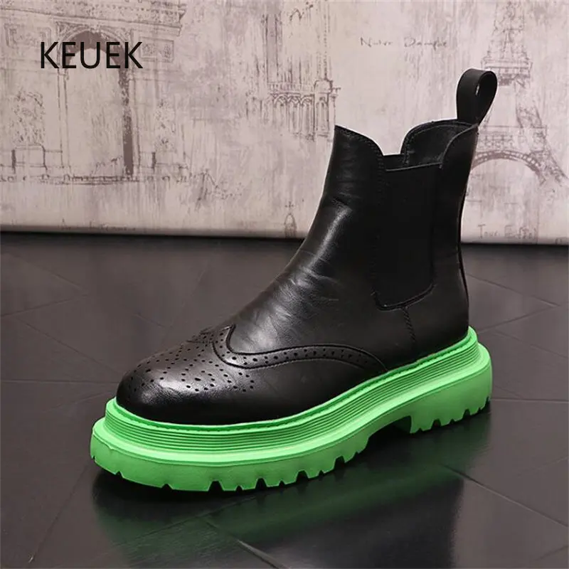 

New Luxury Design Platform Boots Men Thick Sole High Top Shoes Brogue Work Outdoor Casual Sport Ankle Chelsea Boots 5A