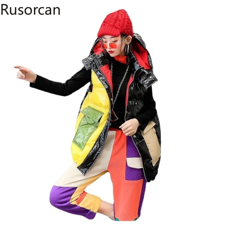 

Цветной яркий жилет из хлопка с капюшоном, Женский Зимний новый утепленный модный Свободный пуховик без рукавов, женский жилет