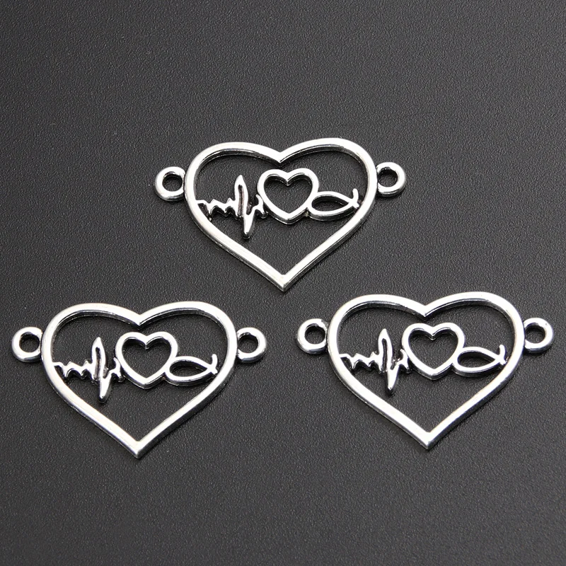 Шармы-соединители в форме сердца, серебристые, 29x19 мм, для изготовления украшений, 40 шт.