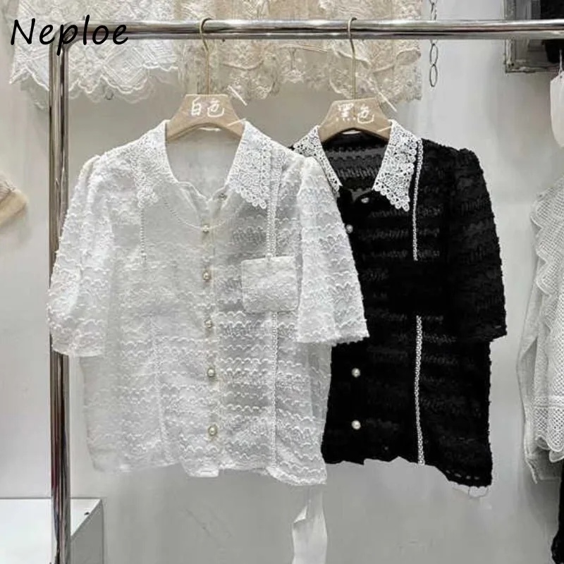 Элегантная винтажная кружевная блузка Neploe с отложным воротником Новинка лета 2024