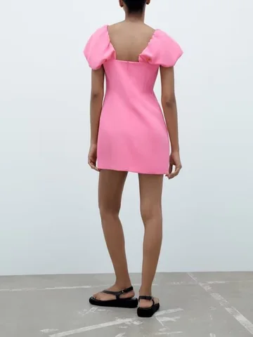 New women's summer short heart-shaped collar dress sweet Ruili street style elegant girl gentle pink short-sleeved skirt