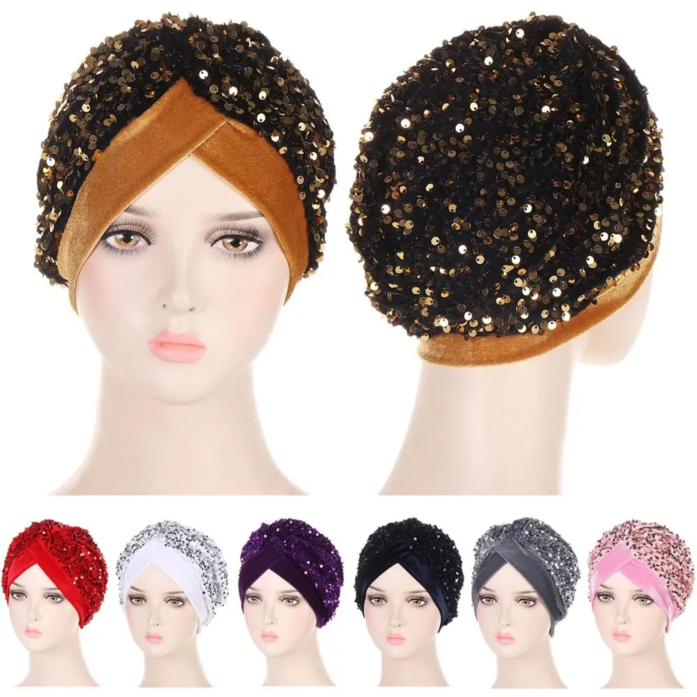 

Women Glitter Sequins Turban Hat Muslims Bonnet Twist Solid Color Hijab Chemo Cap Head Wraps Elegant Headscarf Stretchy Headband