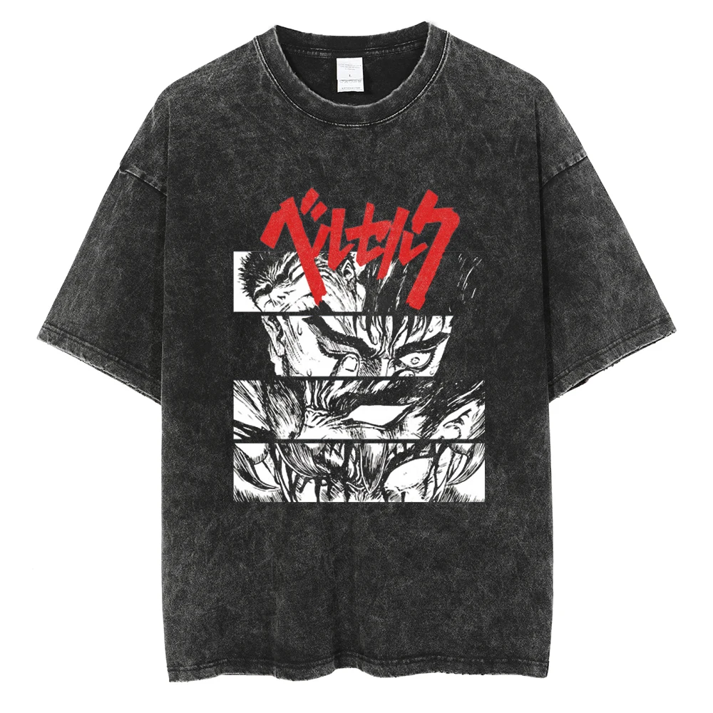 

Hip Hop Streetwear Japan Anime Berserk Print Fashion Oversized T-Shirt Men Washed Vintage Tshirt Summer Casual Cotton T Shirt