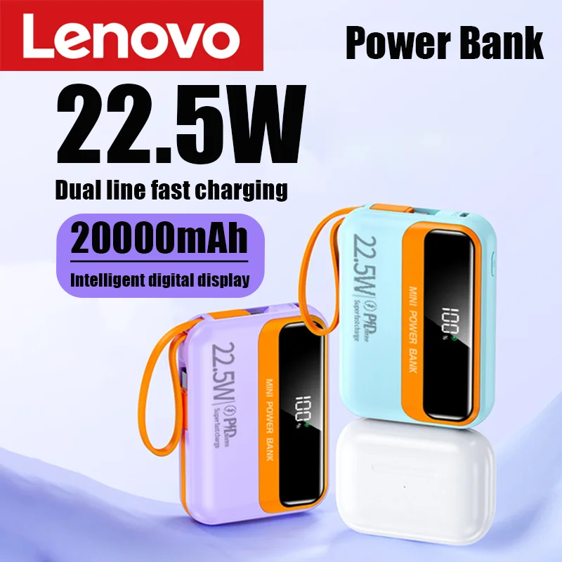 Lenovo Mini Power Bank 20000 мАч 22 5 Вт Быстрая зарядка Встроенные кабели Powerbank Внешнее