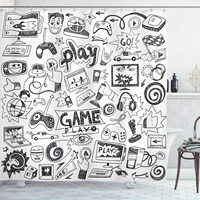 video games shower curtain monochrome sketch style gaming design racing monitor device gadget teen 90s fabric bathroom decor