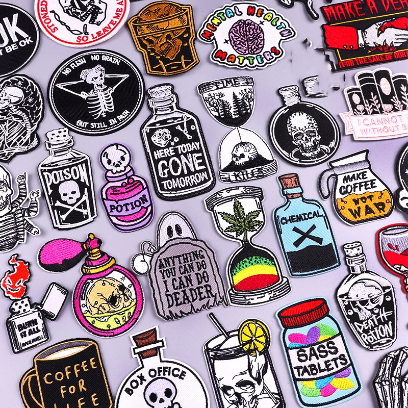 

Punk Skull Bottle Patch Iron On Embroidered Patches For Clothing Thermoadhesive Patches On Clothes Horror Skeleton Sewing Patch