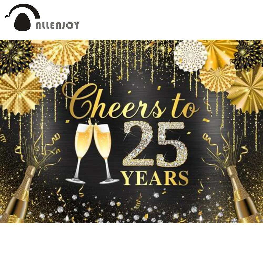 

Allenjoy Gold Glitter Birthday Backdrop Cheers to 25 Years Paper Fan Wedding Anniversary Party Decoration Banner Photo Booth