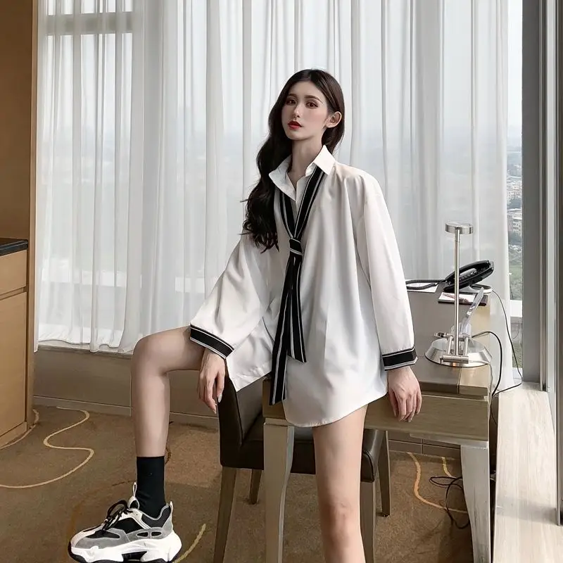 

Women Clothing Shirt Tunics Oversized Casual Retro Shirt Fashion Tie Loose Blouses Street Style Long Sleeve Chiffon Streetwear