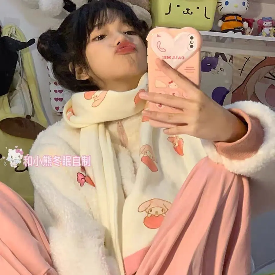 

Милый розовый шарф Sanrio My Melody, милый очень толстый теплый шарф из меха ягненка и шерсти, одеяло, шарф, женская одежда, аксессуары для девочек