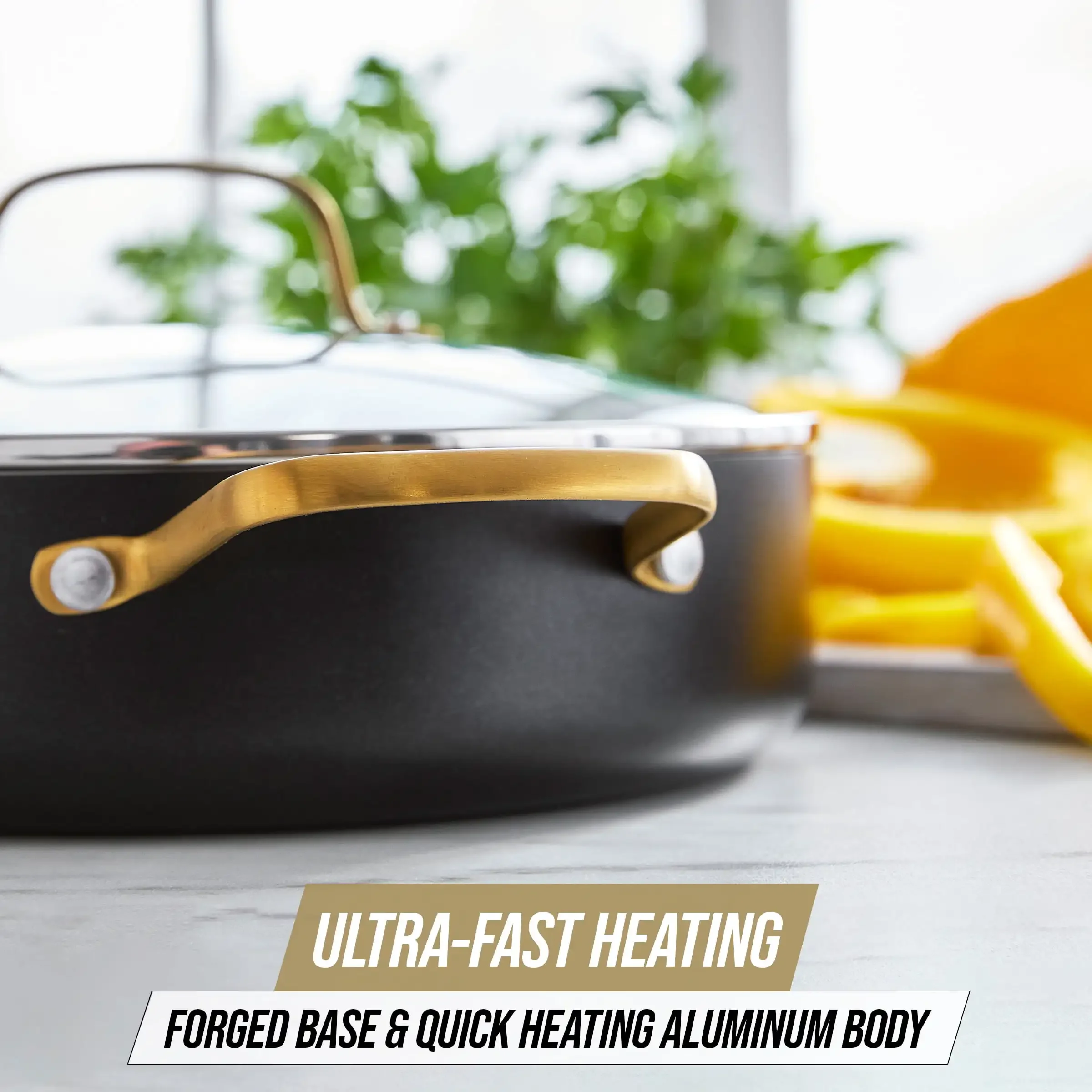 

Gold Edition Ceramic Nonstick 4QT Saute Pan with Helper Handle and Lid, PFAS-Free, Gold