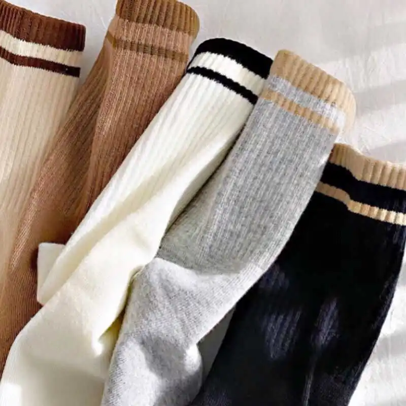 Yasuk All Season Women's Fashion Soft Print Stripe All-Match Lovely Girl Casual Sporty Comfortable High Socks 5Pcs Student