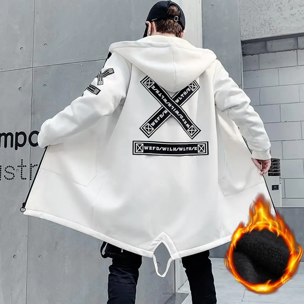 

Autumn Winter Men Hooded Jacket Letters Plush Lining Ribbon Streetwear Hip Hop Loose Windbreaker Overcoat Outwear for Outdoor