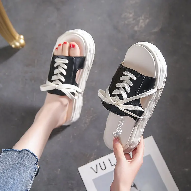 

2022 Summer Thick-soled Slippers Women's Lace-up Leather Slippers Sandals Outdoor Beach Slippers Open Toe Women's Shoes 35-40