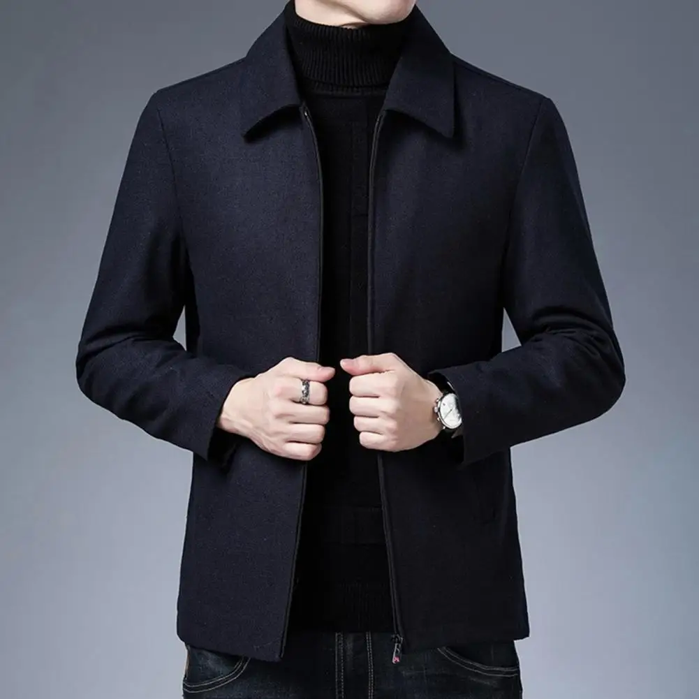

Men Pure Color Jacket Mid-aged Men's Thick Thermal Cardigan Jacket with Lapel Zipper Closure Pockets Stylish Winter for Fathers