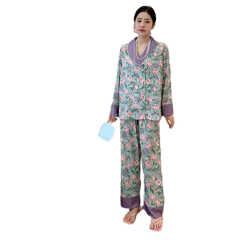 Thin Satin Pajamas Female New Home Clothes Cardigan Suit Loungewear Women Pyjamas Women Sexy Sleepwear