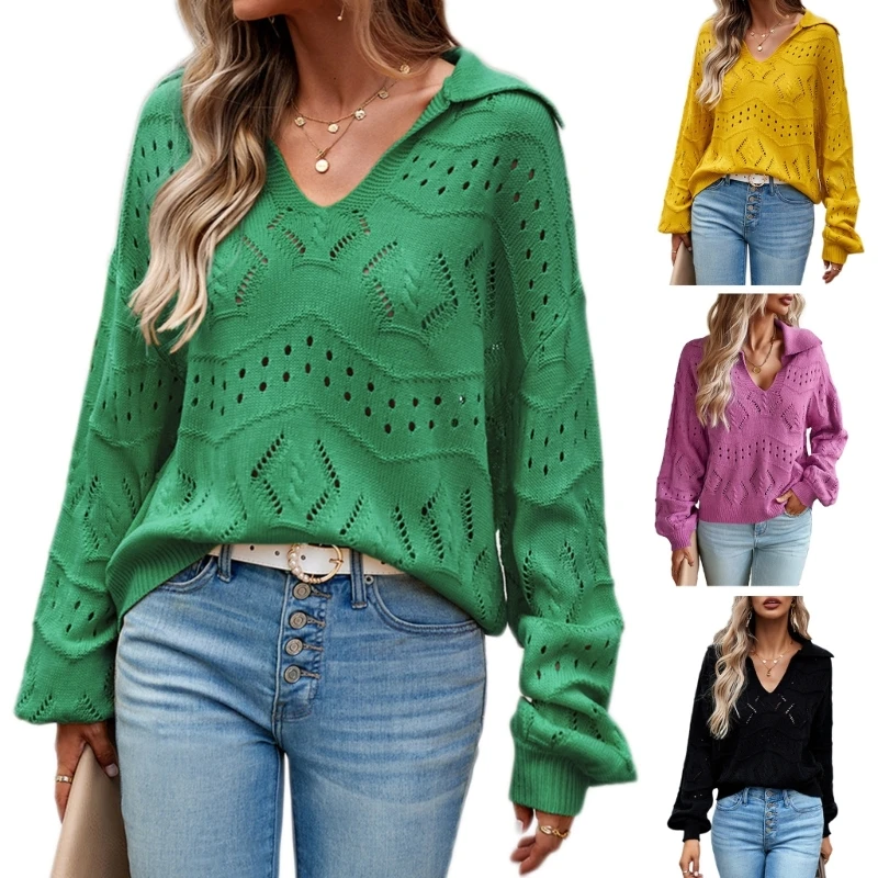 

Autumn Winter Womens Sweater Fashion Knitwears Long Sleeve V-Neck Lapel Pullover