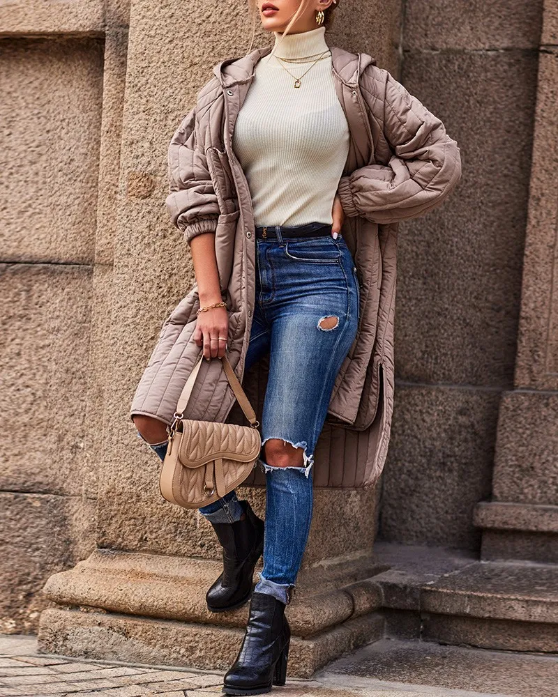 

Women Autumn Winter Hooded Coat Long Sleeve Side Slit Button Front Puffer Coat Fashion Casual Solid Color