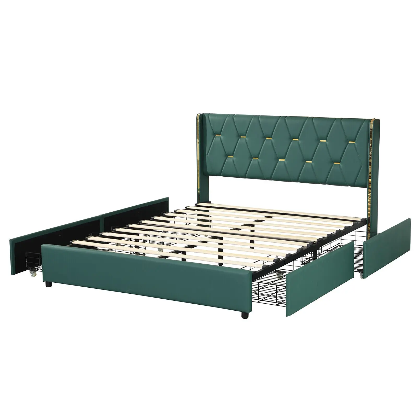 With 4 Storage Drawers Pu Leather Headboard Green