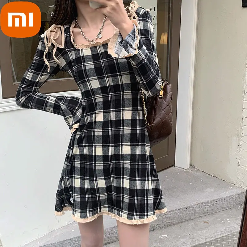 

Xiaomi Plaid Mini Dress Women Kawaii Ruffles Long Sleeve Dresses Off The Shoulder Y2k Streetwear High Street Black Bandage Robe
