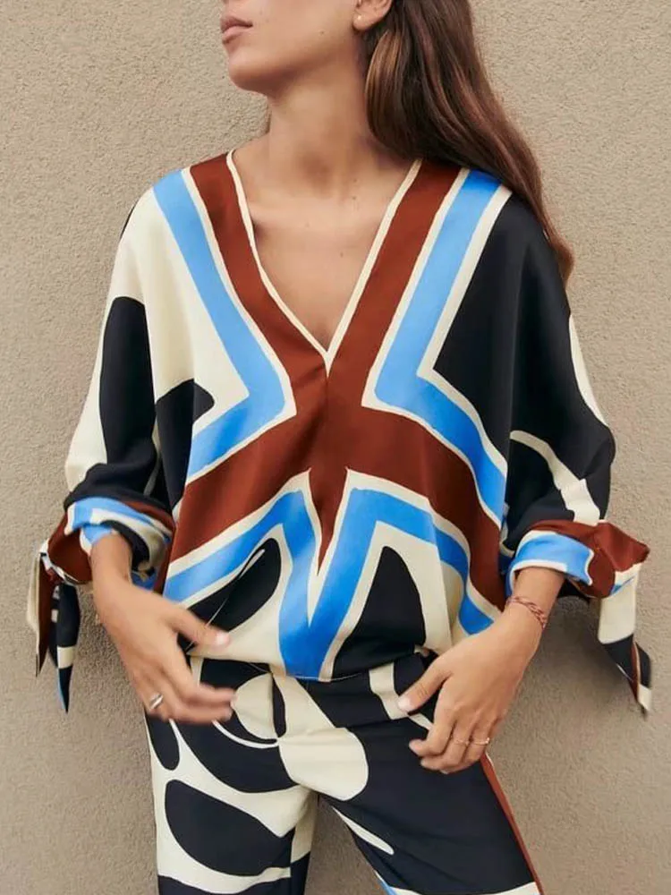 

Kumsvag 2022 Summer Women Loose Blouses Shirts Tops Fashion V-Neck Print Bow Tie Female Street Top Clothing