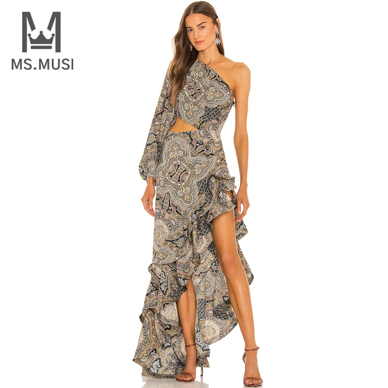 MSMUSI 2022 New Fashion Women Sexy One Shoulder Hollow Out Geometric Printing Long Sleeve Bodycon Falbala Midi Dress Vestidos