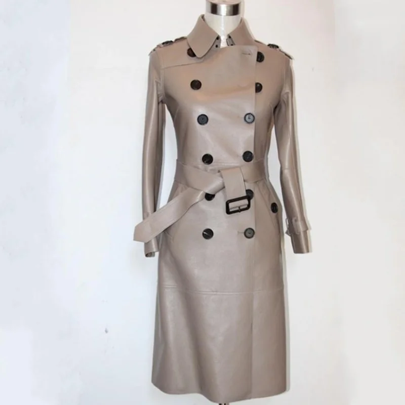 

Женский тонкий офисный двубортный Тренч из натуральной овечьей кожи, Женское пальто в стиле милитари, куртка из натуральной кожи