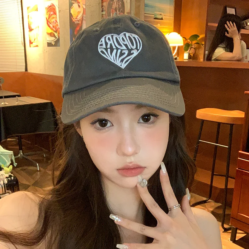 

Love Letters Baseball Cap Women Spring Korean Version Embroidery Casual Big Head Round Face Small Curved Cotton Sun Visor Hat
