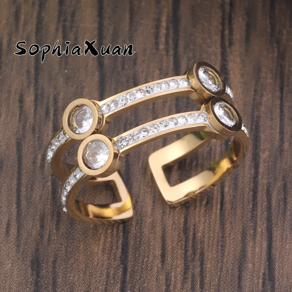 

SophiaXuan 2023 New Patterned Ring Stainless Steel Gold Color Luxury Design Rings Trendy Gift Inlaid Zircon Ring for Women Girls