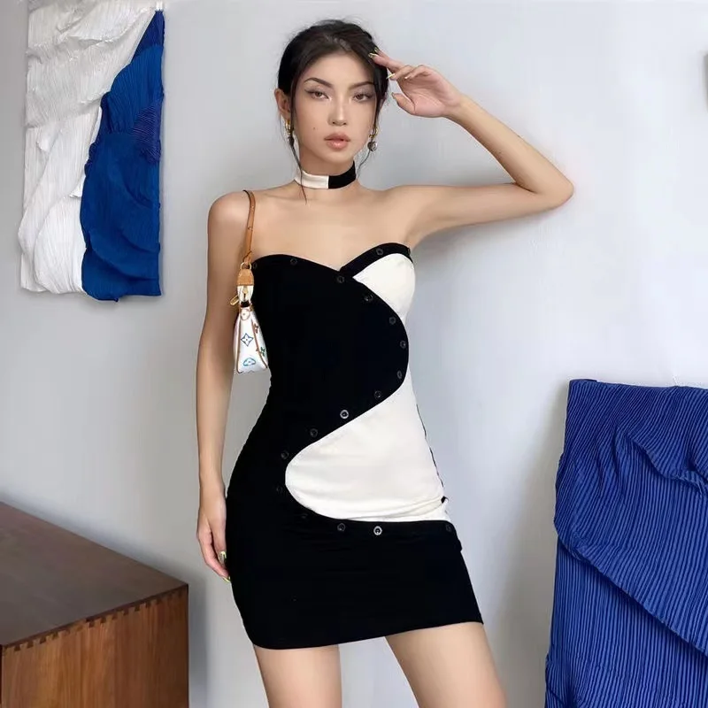 

Пикантное платье с открытой спиной и воротником-стойкой контрастных цветов, необычное осеннее женское облегающее платье с запахом, юбка PD