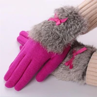 ladies cashmere gloves female bow tie rabbit fur wool mitten gloves winter windproof driving cycling glove